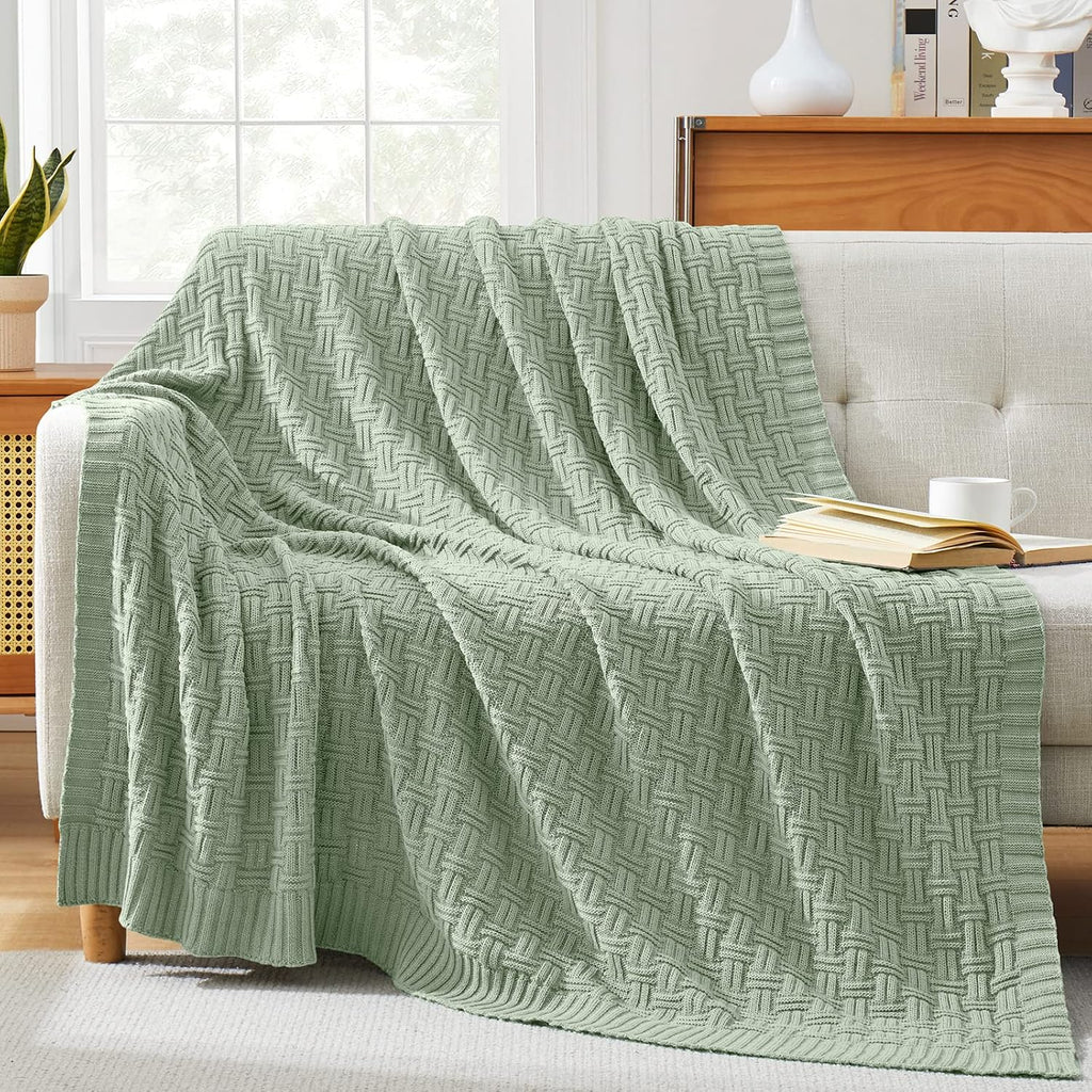 TREELY 100% Cotton Knitted Throw Blanket Couch Cover Blanket(60 x 80 Inches, Light Sage Green)
