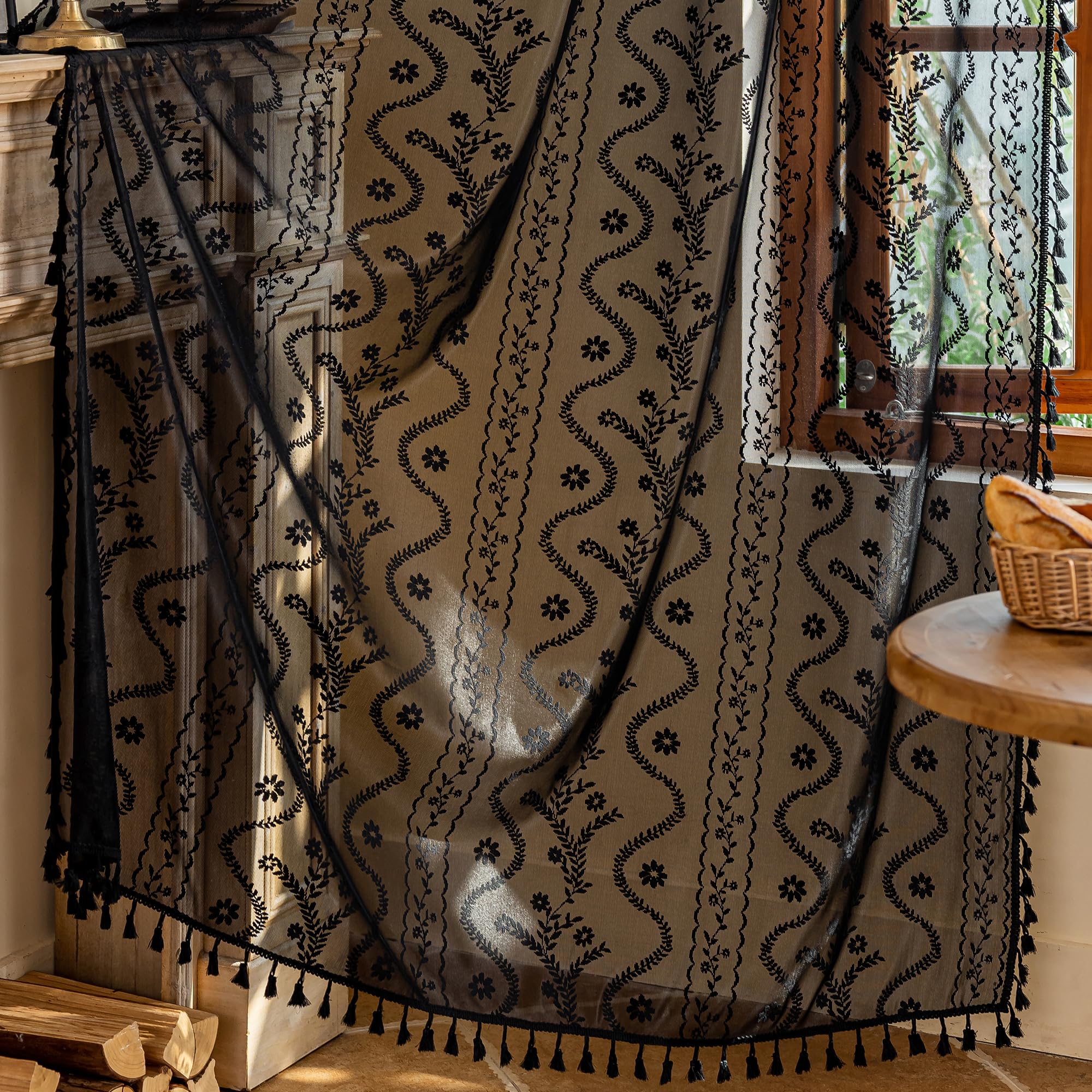 WAZZIO Boho Lace Curtains 2 Panels 84 Inches Long-Cute Vintage Victorian Sheer Panels with French Country Flower Pattern & Tassel Light Filtering Privacy for Bedroom Dining Living Room,Beige