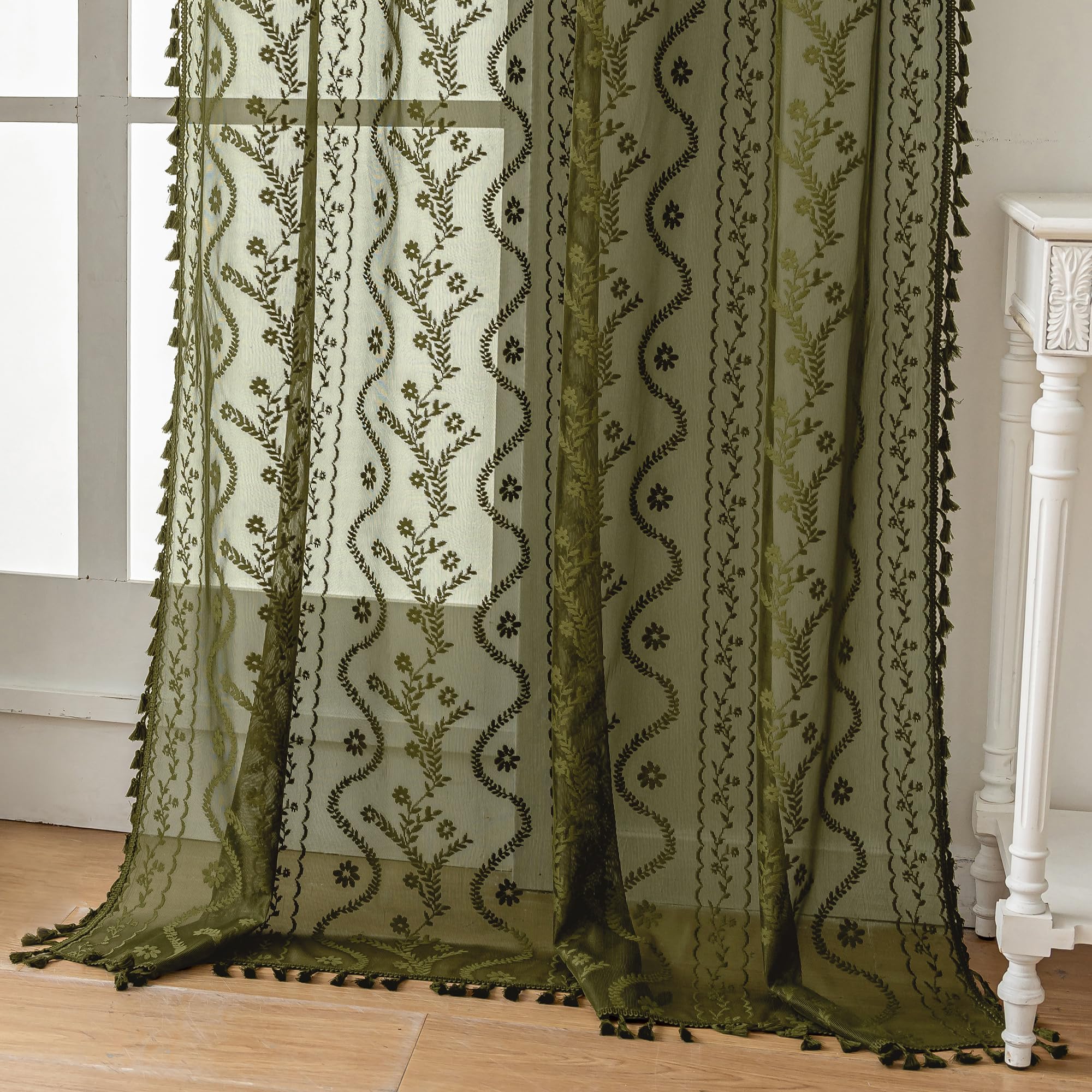 WAZZIO Boho Lace Curtains 2 Panels 84 Inches Long-Cute Vintage Victorian Sheer Panels with French Country Flower Pattern & Tassel Light Filtering Privacy for Bedroom Dining Living Room,Beige