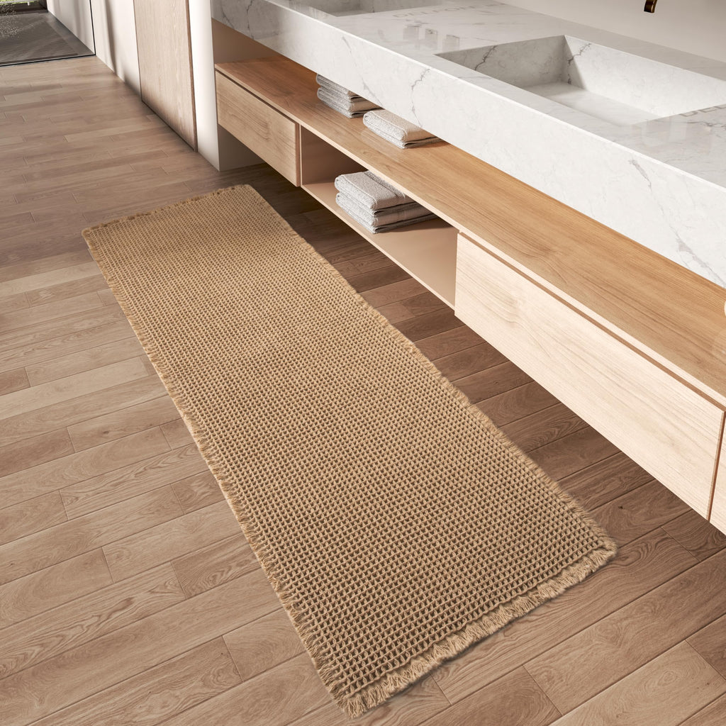 AMOAMI Upgraded Waffle Bath Mat, Super Absorbent Non Slip Bath Mats for Bathroom Floor, Machine Washable Bathroom Rugs with Tassels, Rubber Backed Bathroom Mats, Ultra Soft, 17" x 24", Brown