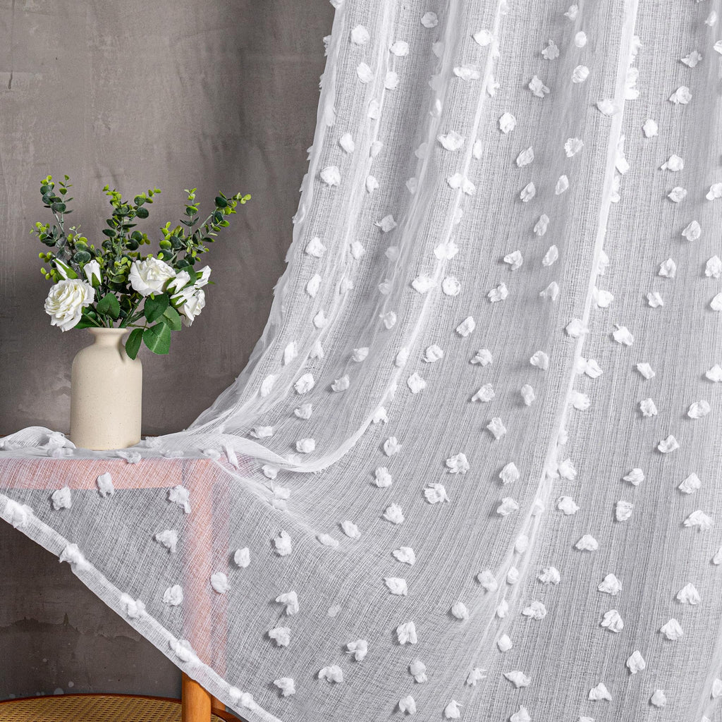 2 Panels 52"W x 84"L Dusty Rose Pom Pom Sheer Curtains Rod Pocket Light Filtering Boho Window Drapes for Girls Bedroom Nursery Kids Room