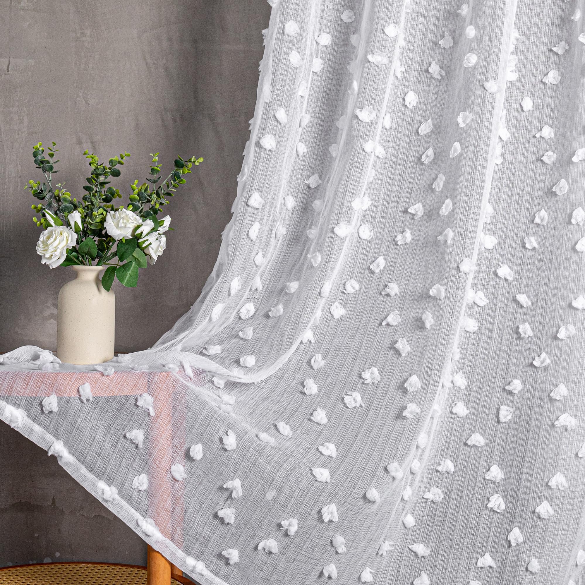 2 Panels 52"W x 84"L Dusty Rose Pom Pom Sheer Curtains Rod Pocket Light Filtering Boho Window Drapes for Girls Bedroom Nursery Kids Room