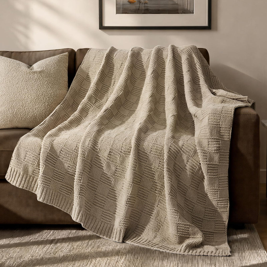 EVERGRACEHOME Chunky Chenille Knit Throw Blanket for Couch, Soft Luxurious Moss Stitch Blankets for Bed, Cozy Decorative Farmhouse Knitted Throws for Sofa, Sand Dune, 60" x 80"