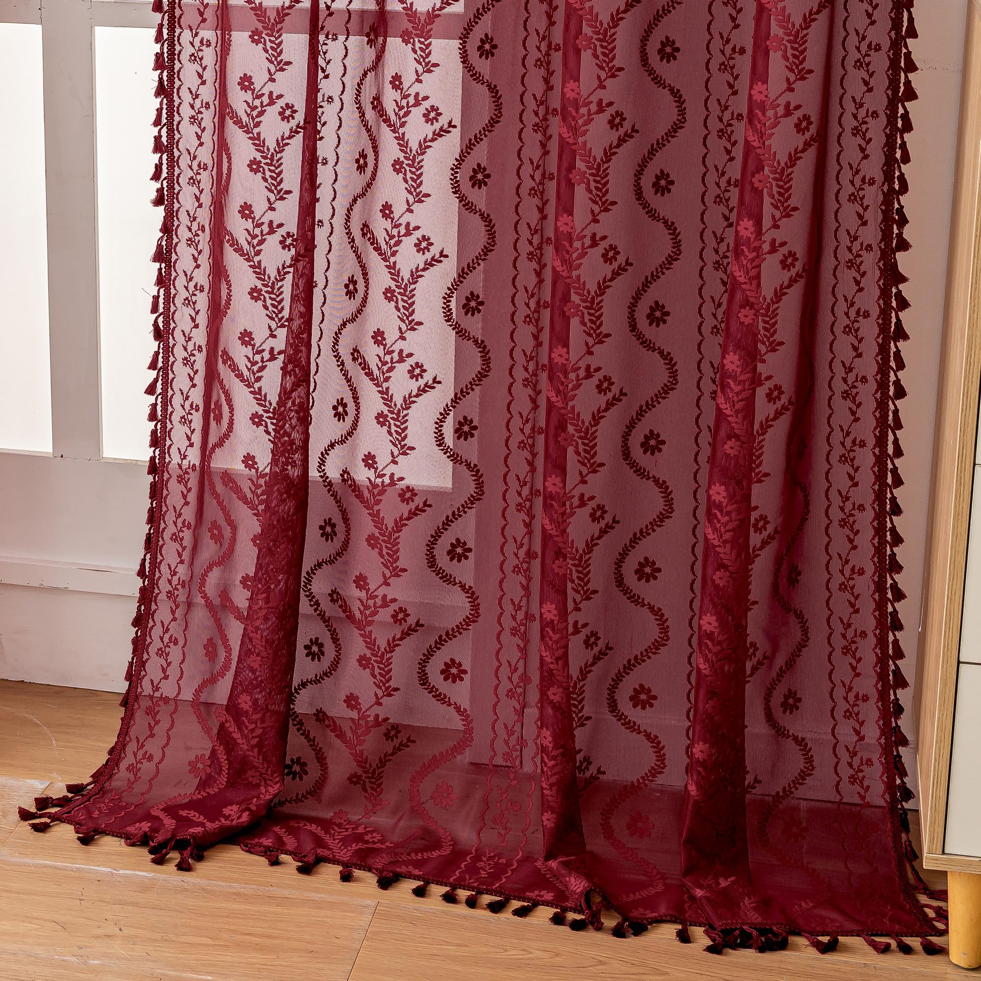 WAZZIO Boho Lace Curtains 2 Panels 84 Inches Long-Cute Vintage Victorian Sheer Panels with French Country Flower Pattern & Tassel Light Filtering Privacy for Bedroom Dining Living Room,Beige