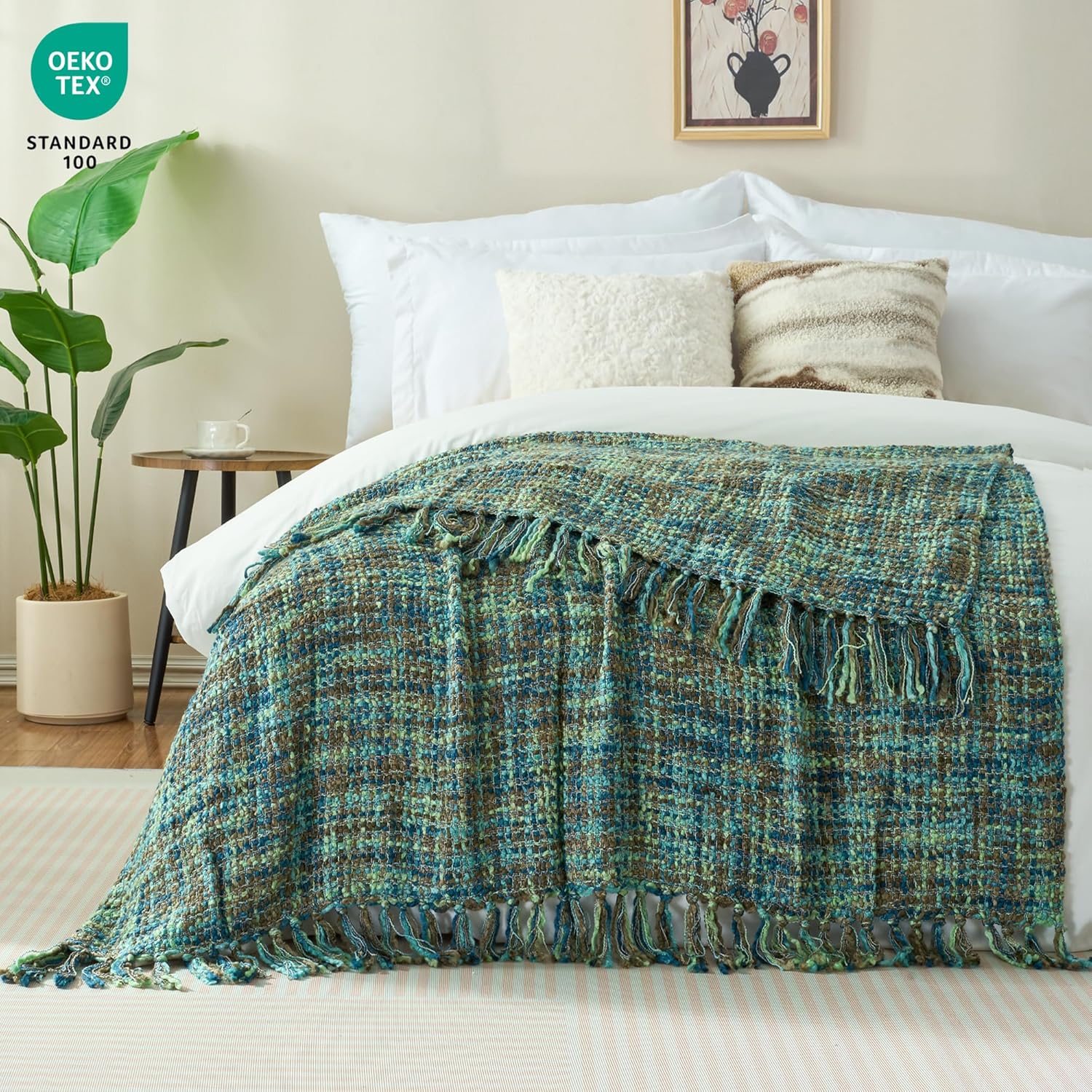 Multi-Color Green Cable Woven Throw Blanket for Couch,60"X80" Boho Style Textured Blankets for Home Decor,Super Soft Warm Cozy Chunky Blanket with Decorative Tassels for Bed and Sofa