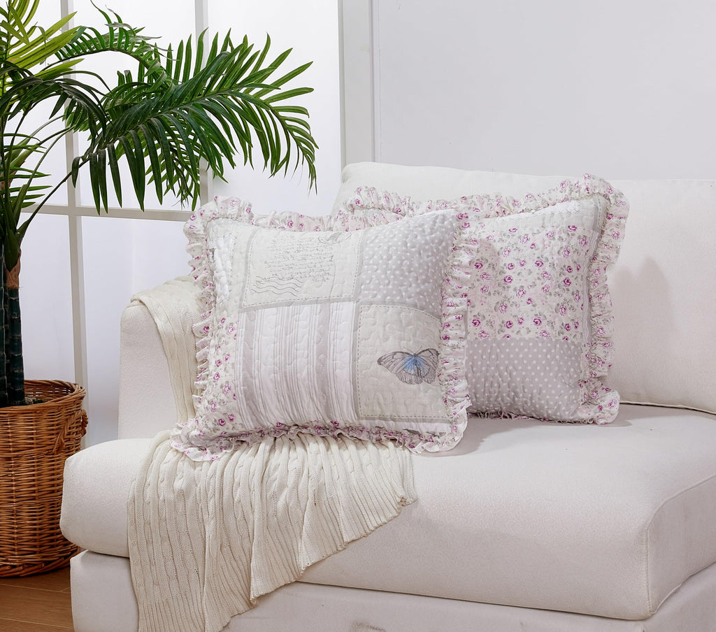 Brilliant Sunshine Pink and Green Rose Patchwork Ruffle Pillowshams, Quilted Decorative Pillow Covers Set, Square Throw Cushion Cases for Couch, Recliner, Armchair, Bed, 18x18, Pack of 2, Pink Green