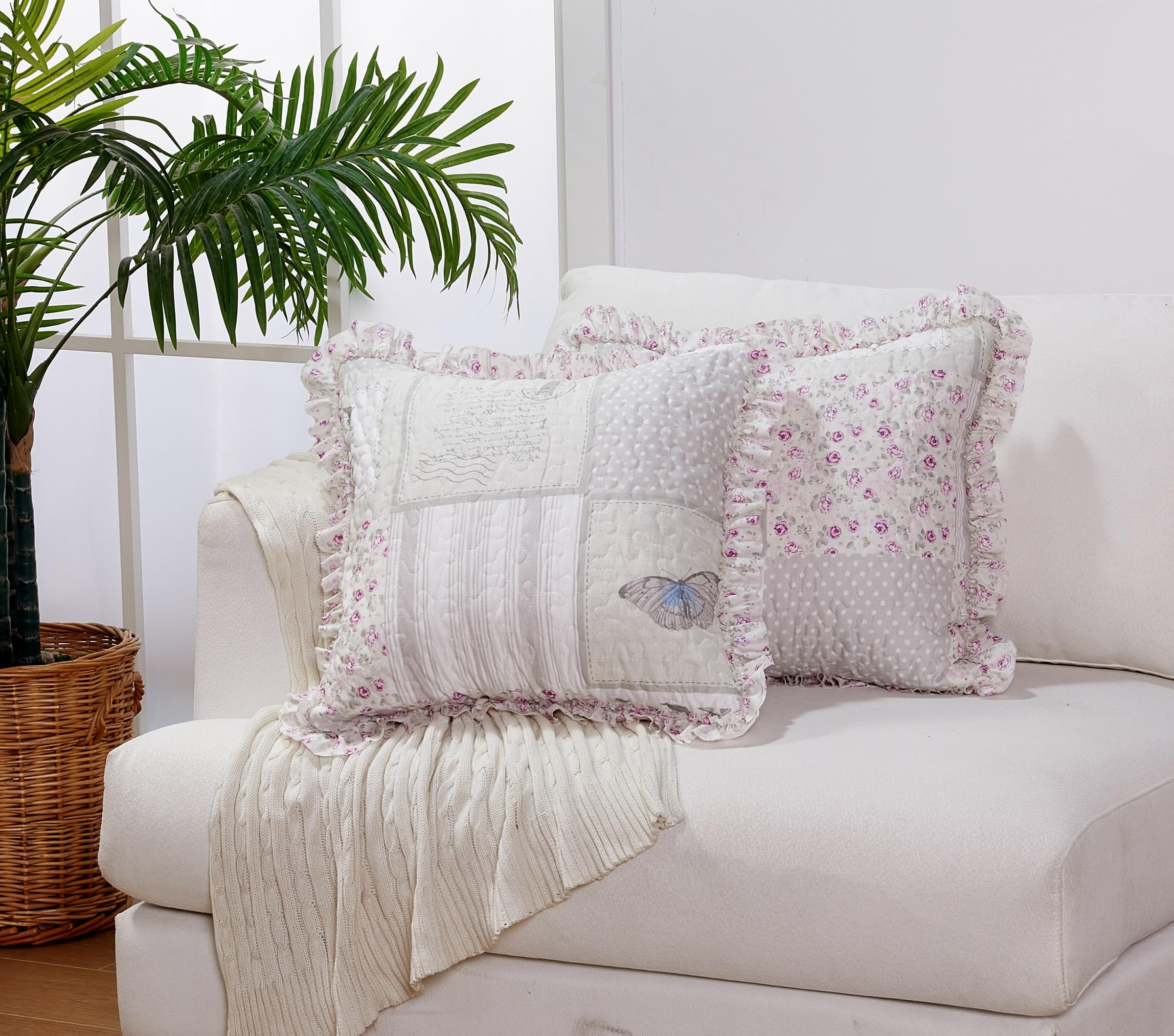 Brilliant Sunshine Pink and Green Rose Patchwork Ruffle Pillowshams, Quilted Decorative Pillow Covers Set, Square Throw Cushion Cases for Couch, Recliner, Armchair, Bed, 18x18, Pack of 2, Pink Green