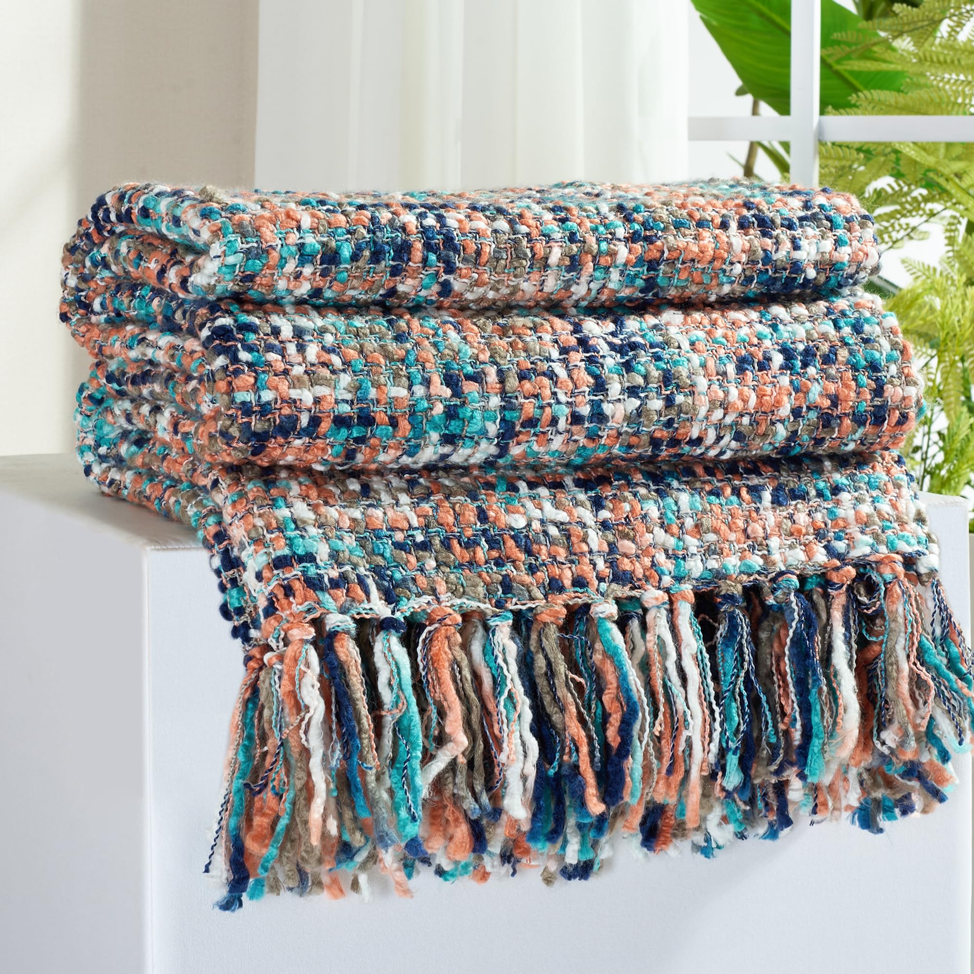 Multi-Color Green Cable Woven Throw Blanket for Couch,60"X80" Boho Style Textured Blankets for Home Decor,Super Soft Warm Cozy Chunky Blanket with Decorative Tassels for Bed and Sofa