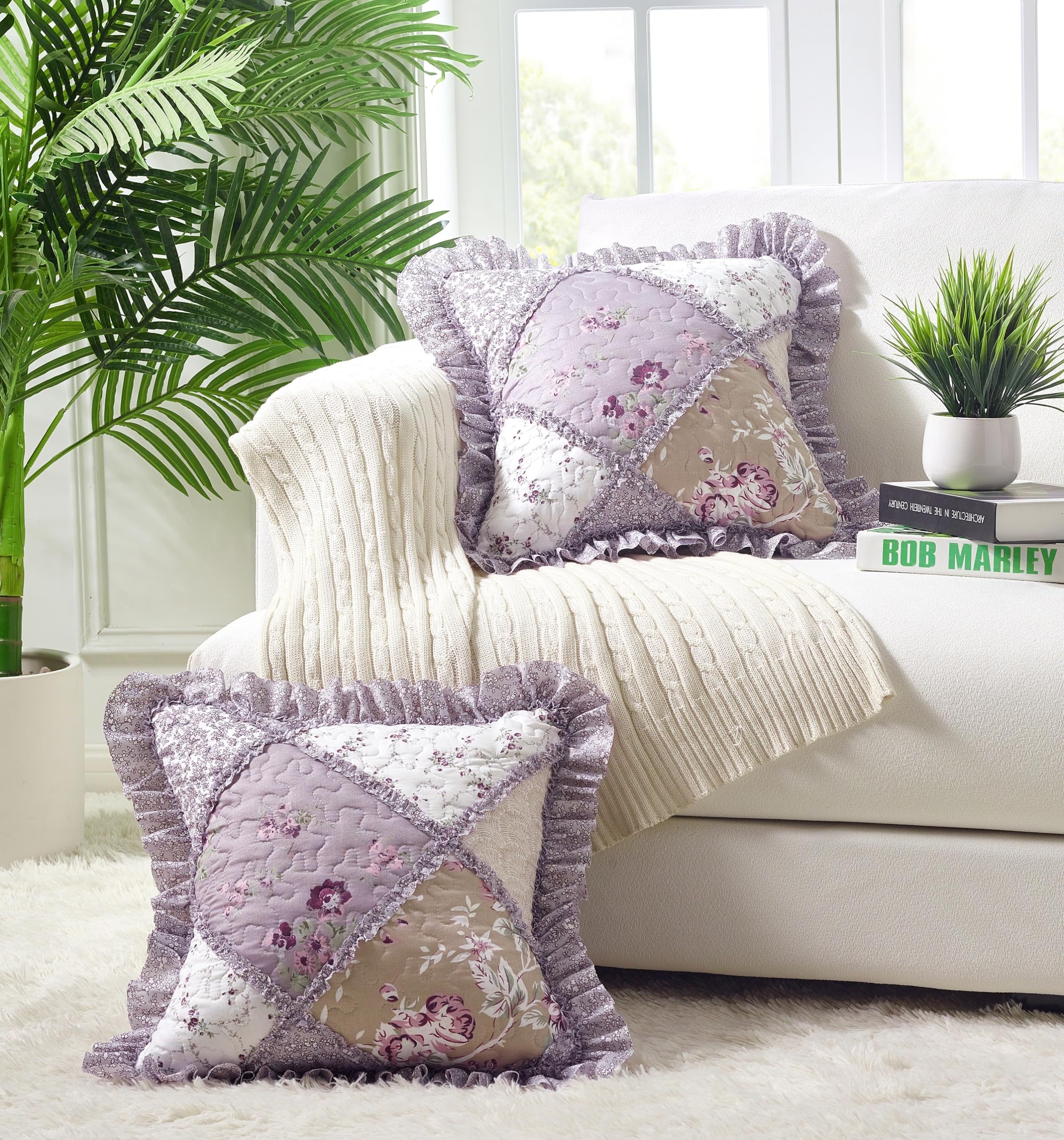 Brilliant Sunshine Pink and Green Rose Patchwork Ruffle Pillowshams, Quilted Decorative Pillow Covers Set, Square Throw Cushion Cases for Couch, Recliner, Armchair, Bed, 18x18, Pack of 2, Pink Green