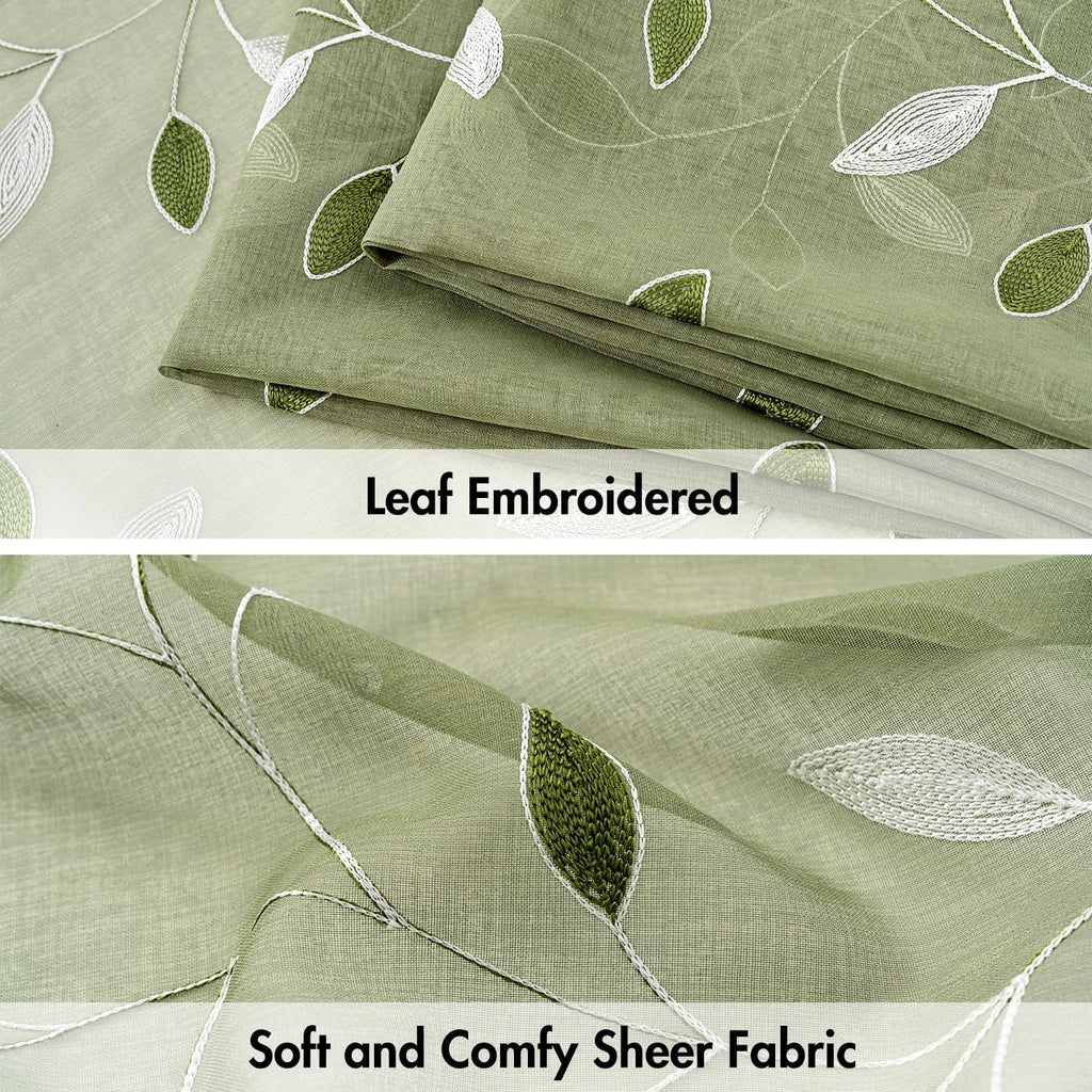 MIULEE Sage Green Sheer Curtains 2 Panels Embroidered Leaf Patterned Rod Pocket Floral Semi Sheer Faux Linen Window Curtains Drapes Set for Living Room Bedroom Dining Room, 52x84 Inches Long