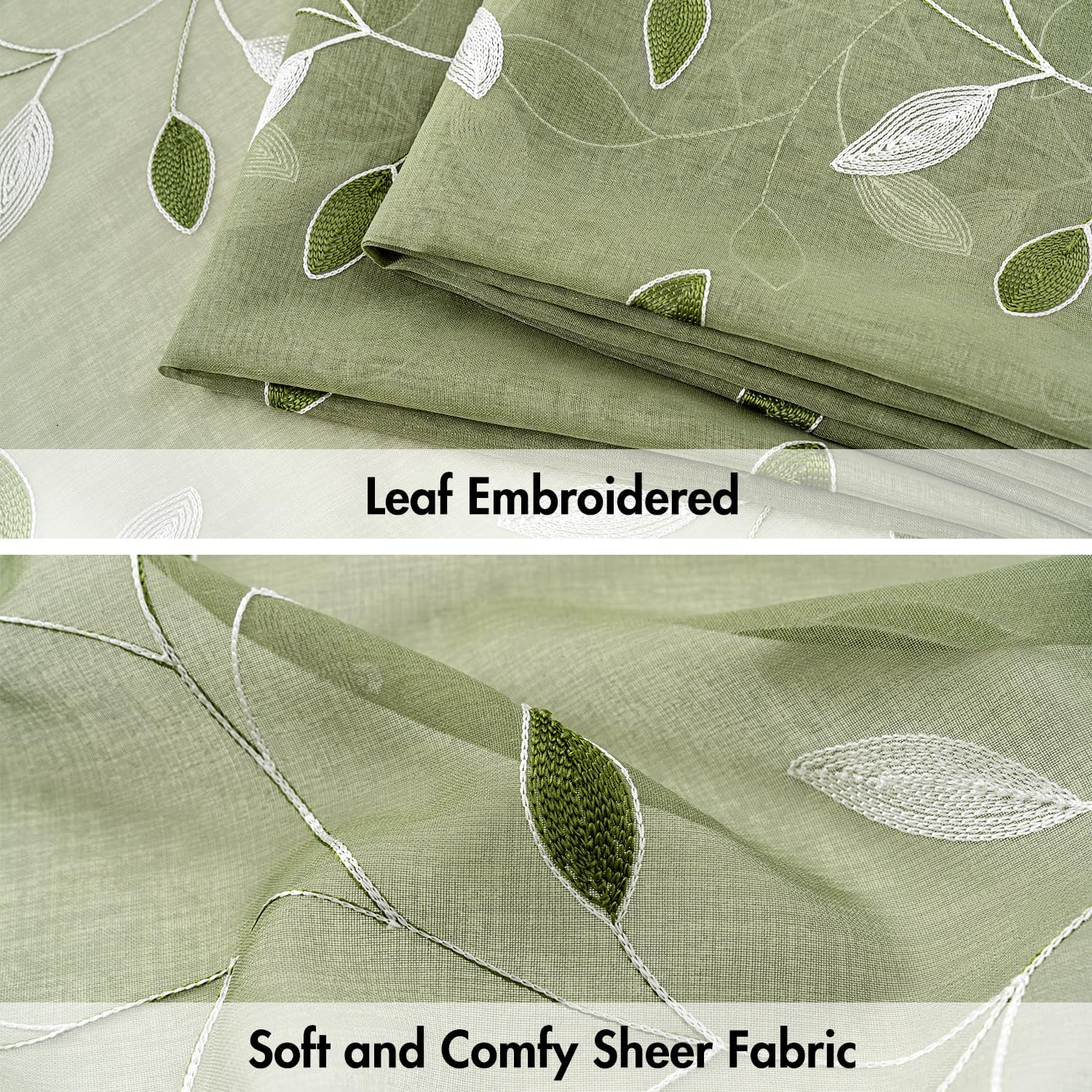 MIULEE Sage Green Sheer Curtains 2 Panels Embroidered Leaf Patterned Rod Pocket Floral Semi Sheer Faux Linen Window Curtains Drapes Set for Living Room Bedroom Dining Room, 52x84 Inches Long