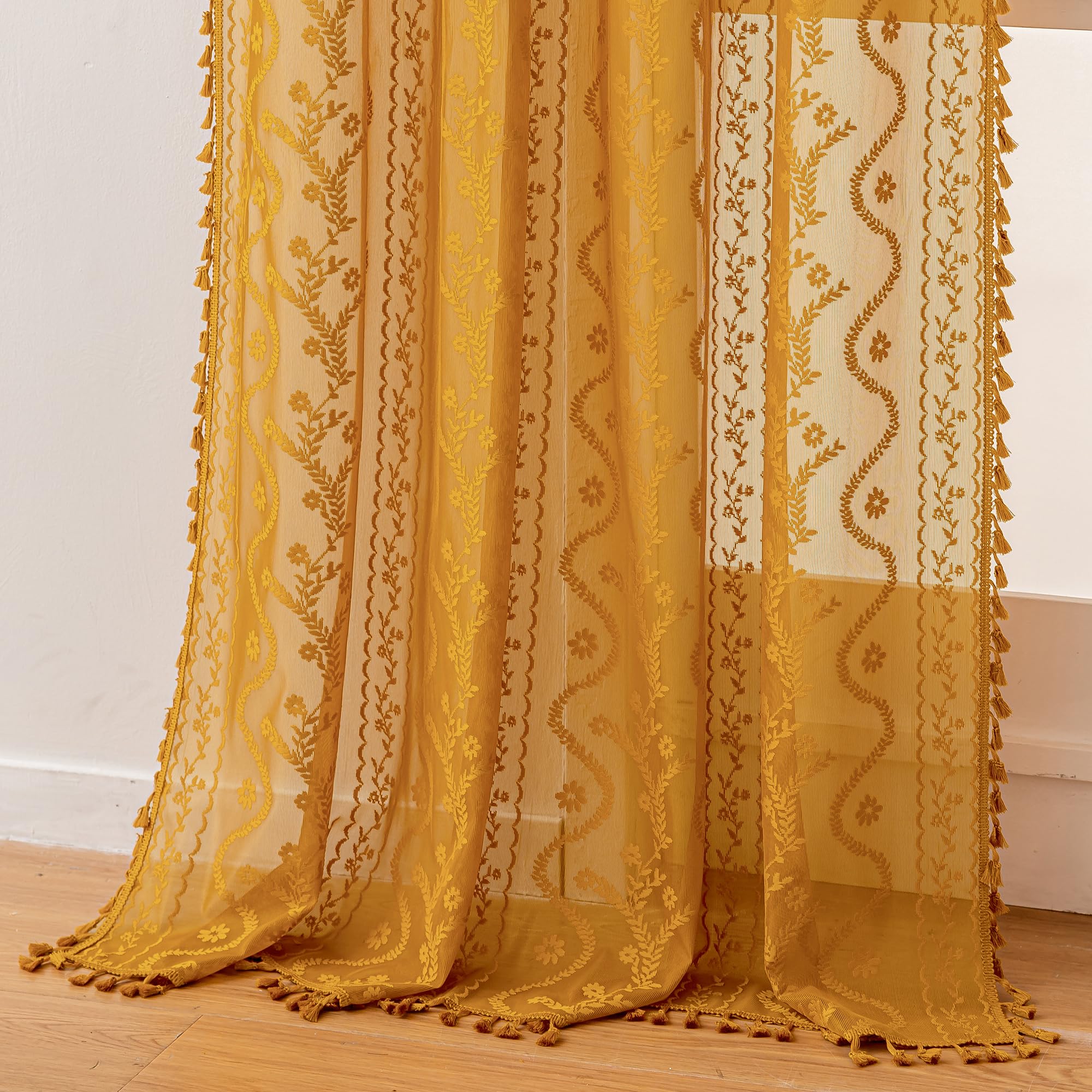 WAZZIO Boho Lace Curtains 2 Panels 84 Inches Long-Cute Vintage Victorian Sheer Panels with French Country Flower Pattern & Tassel Light Filtering Privacy for Bedroom Dining Living Room,Beige
