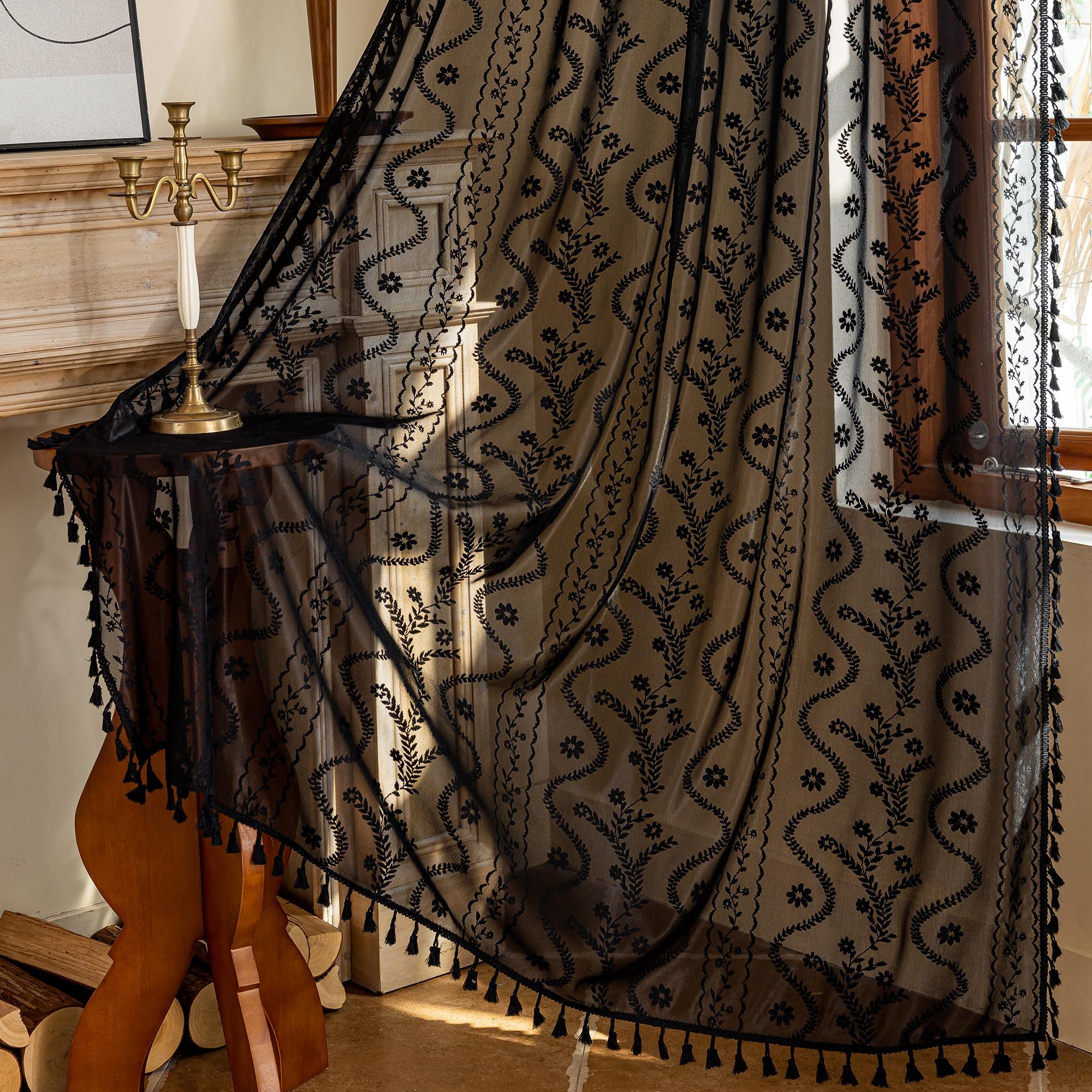WAZZIO Boho Lace Curtains 2 Panels 84 Inches Long-Cute Vintage Victorian Sheer Panels with French Country Flower Pattern & Tassel Light Filtering Privacy for Bedroom Dining Living Room,Beige