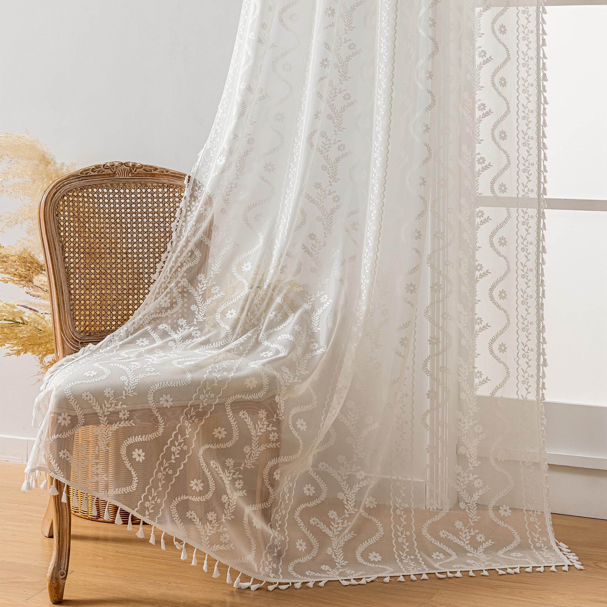 WAZZIO Boho Lace Curtains 2 Panels 84 Inches Long-Cute Vintage Victorian Sheer Panels with French Country Flower Pattern & Tassel Light Filtering Privacy for Bedroom Dining Living Room,Beige