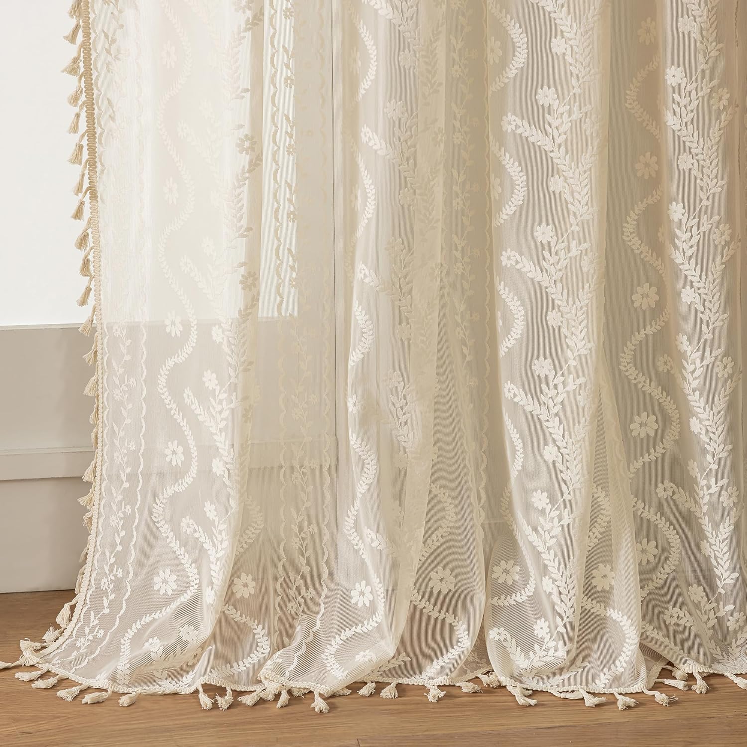 WAZZIO Boho Lace Curtains 2 Panels 84 Inches Long-Cute Vintage Victorian Sheer Panels with French Country Flower Pattern & Tassel Light Filtering Privacy for Bedroom Dining Living Room,Beige