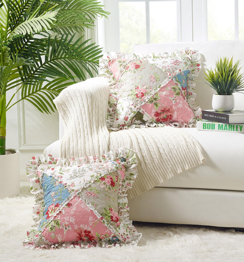 Brilliant Sunshine Pink and Green Rose Patchwork Ruffle Pillowshams, Quilted Decorative Pillow Covers Set, Square Throw Cushion Cases for Couch, Recliner, Armchair, Bed, 18x18, Pack of 2, Pink Green