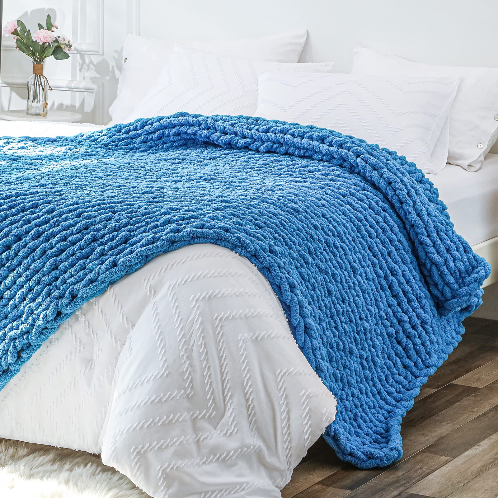 Bigacogo Chunky Knit Throw Blanket for Couch, 40x40 inches, 100% Hand Knitted with Thick Jumbo Chenille Yarn, Cozy Soft Large Rope Knot Cable Crochet Blankets for Sofa Bed Living Room, Dusty Blue