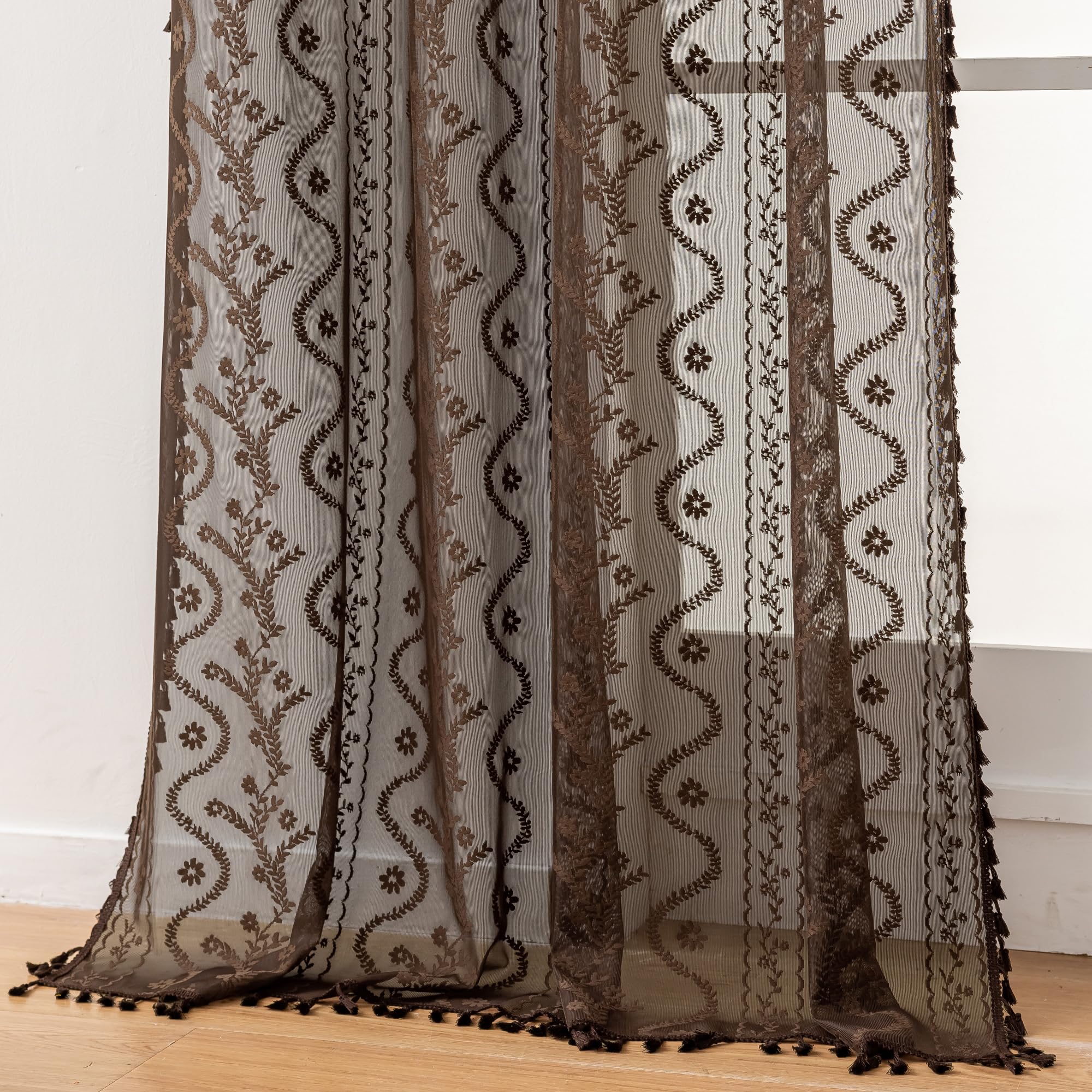 WAZZIO Boho Lace Curtains 2 Panels 84 Inches Long-Cute Vintage Victorian Sheer Panels with French Country Flower Pattern & Tassel Light Filtering Privacy for Bedroom Dining Living Room,Beige