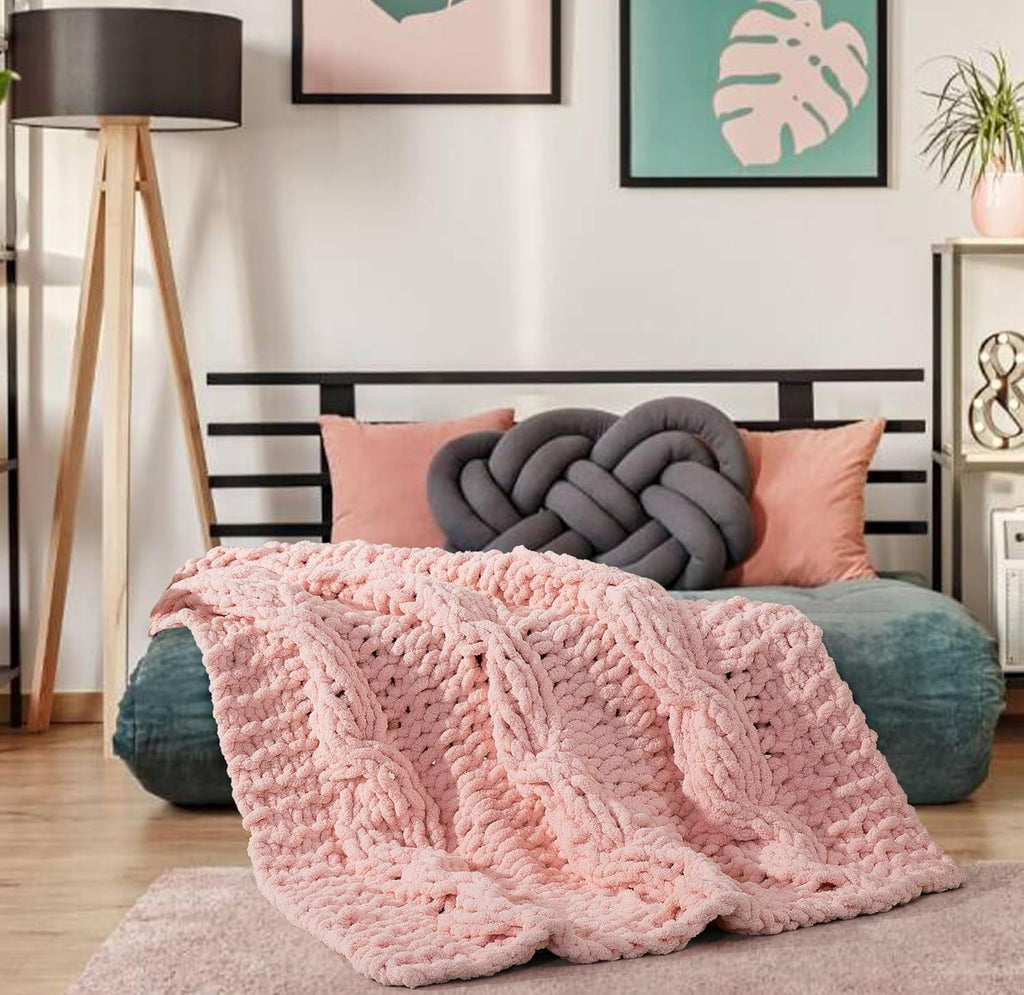 50x60 Inch Pink 100% Hand Knitted Chunky Soft Thick Warm Knit Throw Blanket for Couch Winter Use