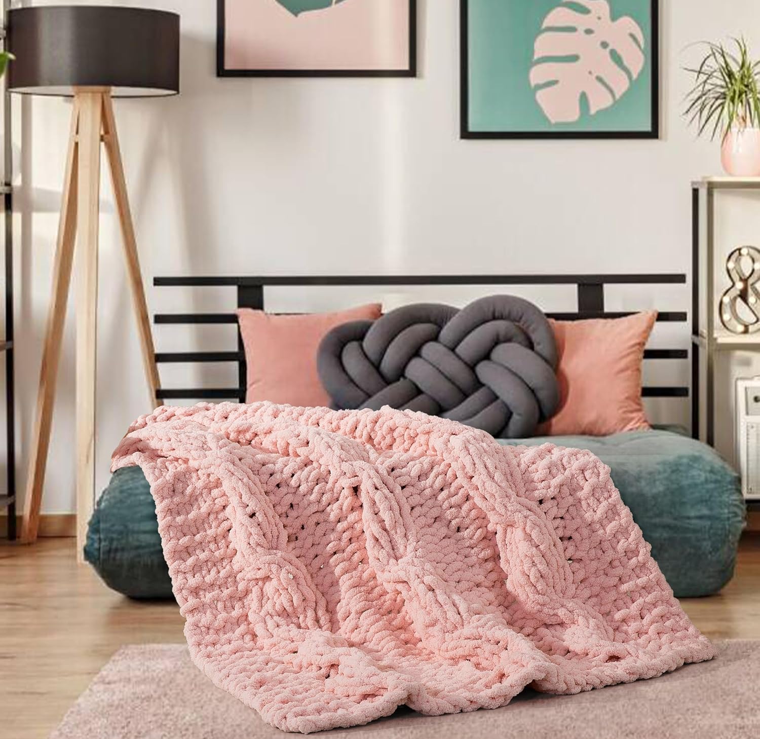 50x60 Inch Pink 100% Hand Knitted Chunky Soft Thick Warm Knit Throw Blanket for Couch Winter Use