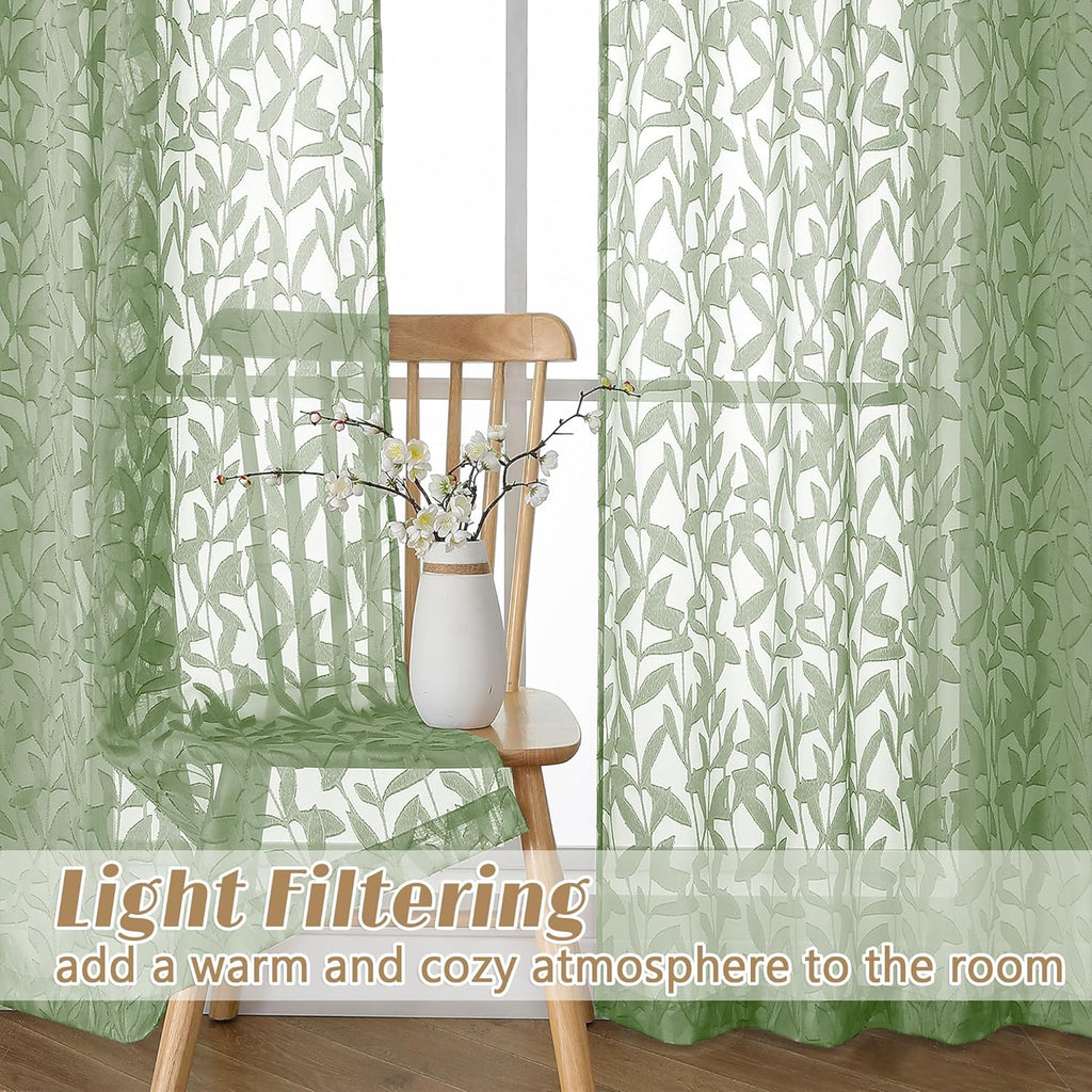 Gwine Sage Green Curtains 84 Inches Long 2 Panels Set, Light Filtering Soft Lightweight Sheer Curtains, Leaf Clip Jacquard Textured Curtain for Bedroom Living Room, 42Wx84L Inches, 2PCS