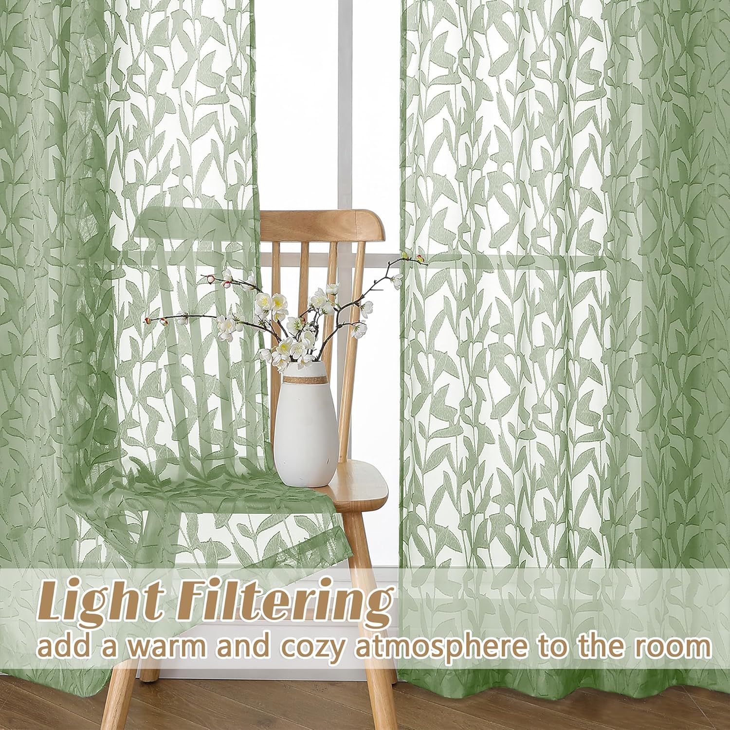 Gwine Sage Green Curtains 84 Inches Long 2 Panels Set, Light Filtering Soft Lightweight Sheer Curtains, Leaf Clip Jacquard Textured Curtain for Bedroom Living Room, 42Wx84L Inches, 2PCS