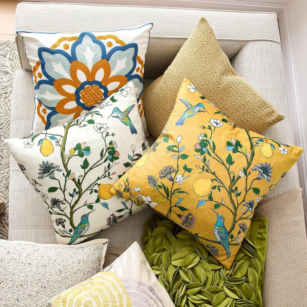 Mustard Yellow Floral Pillow Covers 18x18 Set of 2, Velvet Wild Flower Plant Throw Pillows Case, Square Farmhouse Decor Cushion Covers for Home Sofa Bed Couch