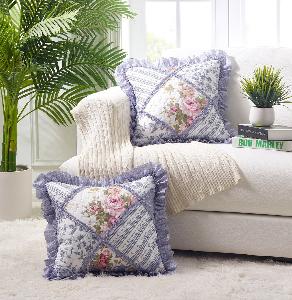Brilliant Sunshine Pink and Green Rose Patchwork Ruffle Pillowshams, Quilted Decorative Pillow Covers Set, Square Throw Cushion Cases for Couch, Recliner, Armchair, Bed, 18x18, Pack of 2, Pink Green